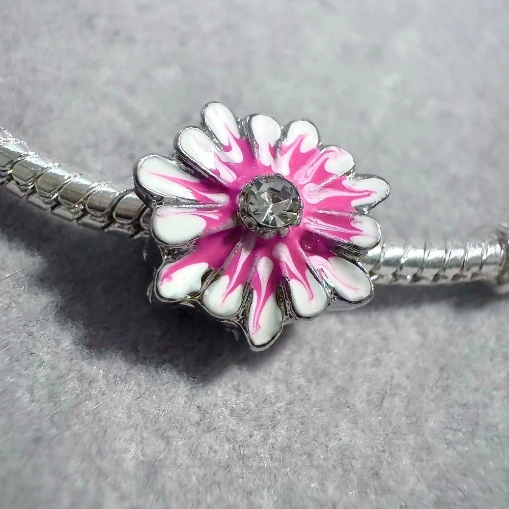 Pink White Enamel Flower Bead Charm fits‎ PANDORA